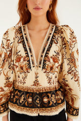 Sand Majestic Garden Lace Puff Sleeve Blouse