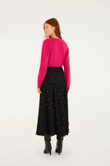Black 3d Flowers Embroidered Midi Skirt