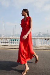 Red 3d Flower Euroflax Maxi Dress