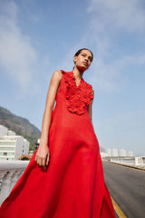Red 3d Flower Euroflax Maxi Dress
