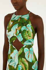 Green Anthurium Leaves Cut-Out Midi Dress