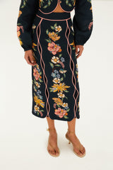 Dark Blue Maira Floral Midi Skirt