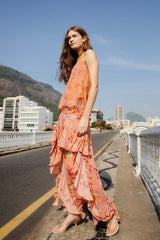 Mocha Boho Enhance Ruched Ruffled Maxi Skirt