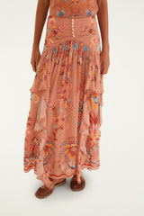 Mocha Boho Enhance Ruched Ruffled Maxi Skirt