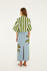 Blue Embroidered Palm Tree Maxi Skirt