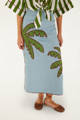 Blue Embroidered Palm Tree Maxi Skirt