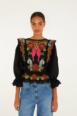 Black Mujeres Y Flores Embroidered Richelieu Blouse