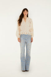 Denim Eyelet Pockets Flare Pants