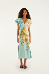 Bicolor Marine Garden Puff Sleeve Midi Dress