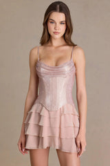 Premium Embellished Corset Mini Dress in Beige Gold