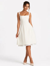 Bow-Detail Pleated A-Line Midi Dress in Ivory