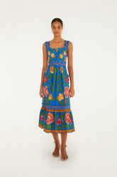 Bright Blue Rococo Flowers Midi Dress