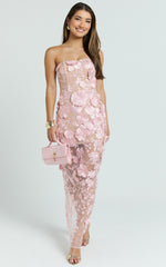 Sienna Maxi Dress - 3D Floral Strapless Column Dress in Pink