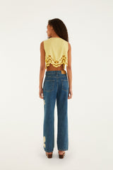 Denim Birds Embroidered Pants