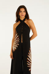 Black Ammonite Halter Neck Open Front Midi Tunic