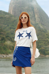 Blue Seahorse Embroidery Mini Skirt