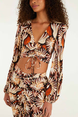 Multicolor Ammonite Ruched Long Sleeve Crop Top
