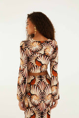 Multicolor Ammonite Ruched Long Sleeve Crop Top