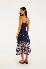 Navy Blue EmbroideredRichelieu Midi Dress