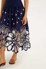Navy Blue EmbroideredRichelieu Midi Dress