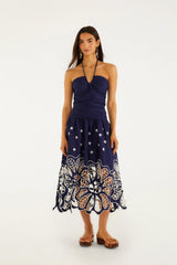 Navy Blue EmbroideredRichelieu Midi Dress