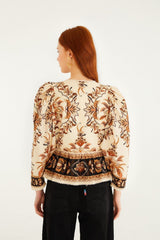 Sand Majestic Garden Lace Puff Sleeve  Blouse