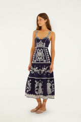 Blue Richelieu Embroidered  Midi Dress