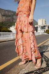 Mocha Boho Enhance Ruched Ruffled Maxi  Skirt