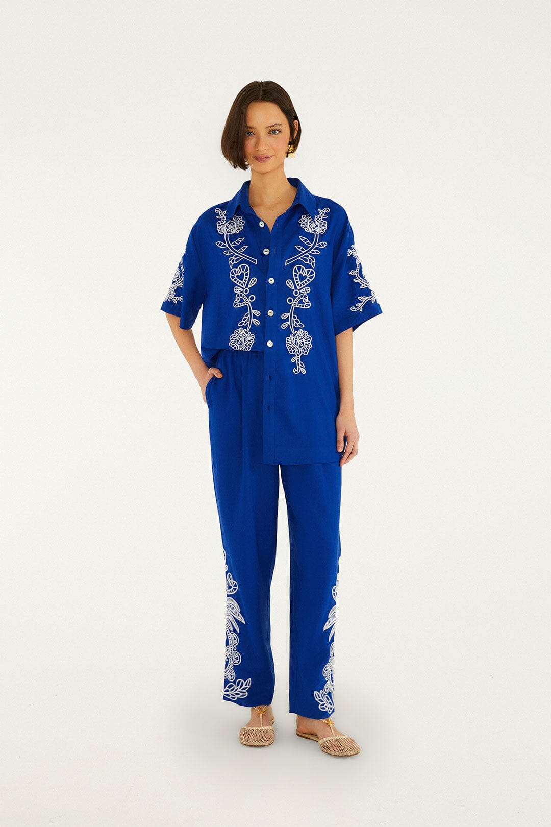 Blue Romantic Embroidered Pants