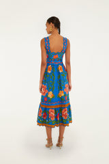 Bright Blue Rococo Flowers Midi Dress