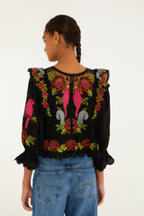 Black Mujeres Y Flores Embroidered  Richelieu Blouse