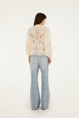 Denim Eyelet Pockets Flare Pants