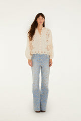 Denim Eyelet Pockets Flare Pants