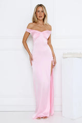 Spark Babe Off Shoulder Satin Maxi Dress Pink