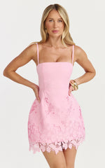 Maisie Mini Dress - Broderie Cut Out Border Hem Dress in Pink