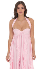 Halter Ruffle Babydoll Maxi Dress in Pink