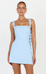 Clementine Mini Dress - 3D Floral Strap Dress in Blue
