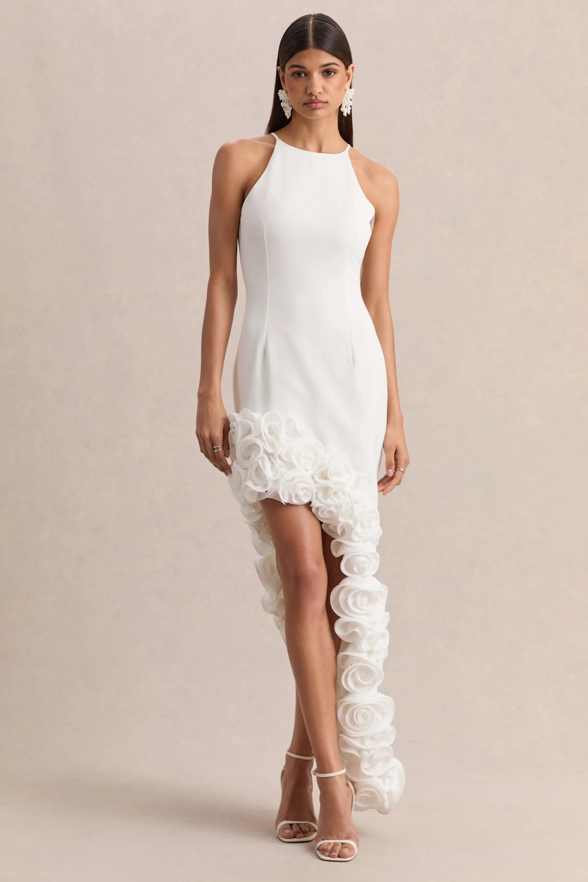 Indira | White Halter-Neck Maxi Dress With Asymmetric-Floral Hem
