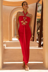 Erin | Red Halter-Neck Maxi Dress With Cut-Out Detail
