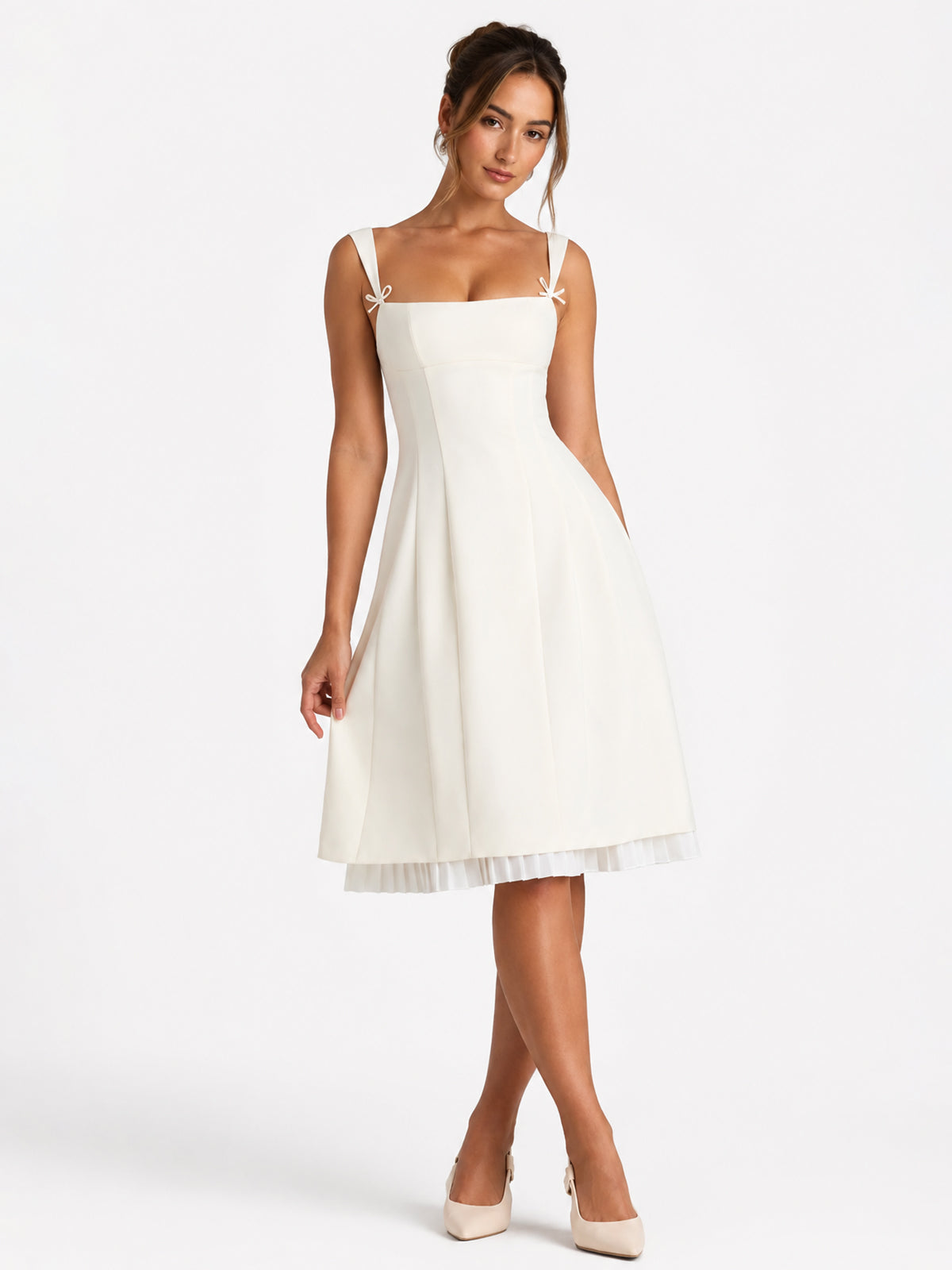 Bow-Detail Pleated A-Line Midi Dress in Ivory