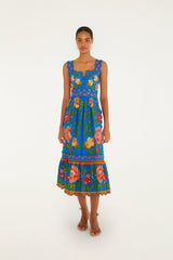 Bright Blue Rococo Flowers Midi Dress