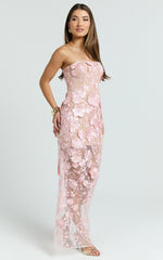 Sienna Maxi Dress - 3D Floral Strapless Column Dress in Pink