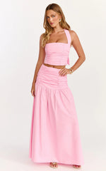 Anya Two Piece Top and Skirt Set - Gathered Halted Neck Top And High Waist  Maxi Skirt in Pink