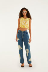 Denim Birds Embroidered Pants