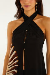 Black Ammonite Halter Neck Open Front Midi Tunic