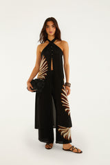 Black Ammonite Halter Neck Open Front Midi Tunic