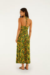 Green Forest Parrots Ruched Bodice Maxi Dress