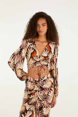 Multicolor Ammonite Ruched Long Sleeve Crop Top