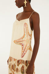 Sand Marine Shells Pleated Sleeveless Maxi Dress
