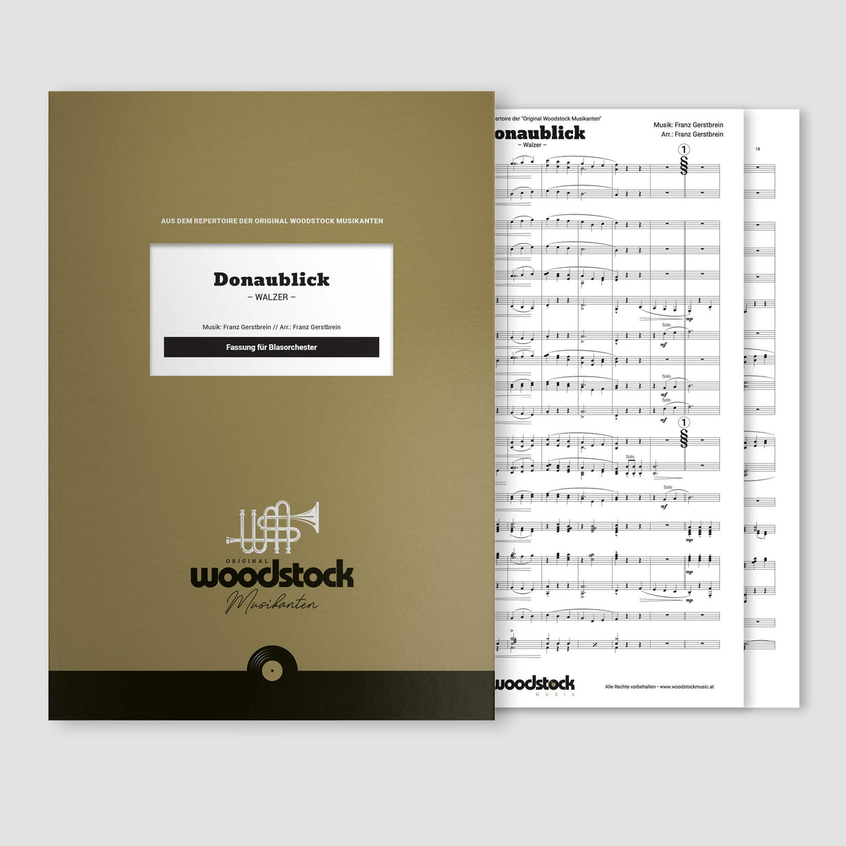 Die Notenmappe und die Original-Noten vom „Donaublick“ von den Original Woodstock Musikanten für Blasorchester.